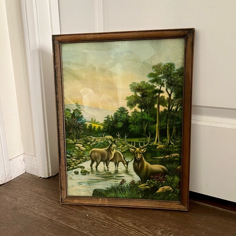 Vintage Woodland Deer Framed Art - Green Landscape